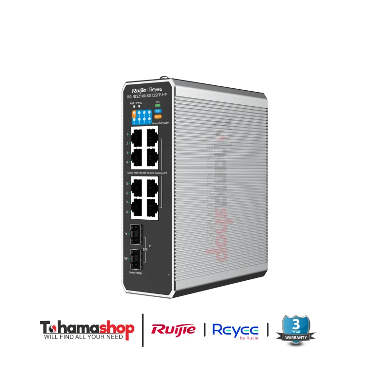 RG-NIS2100-8GT2SFP-HP, 10-Port Cloud Managed Industrial Switch, with 1 x PoE++ Port, 7 x PoE+ Ports, and 2 x SFP Uplink Ports